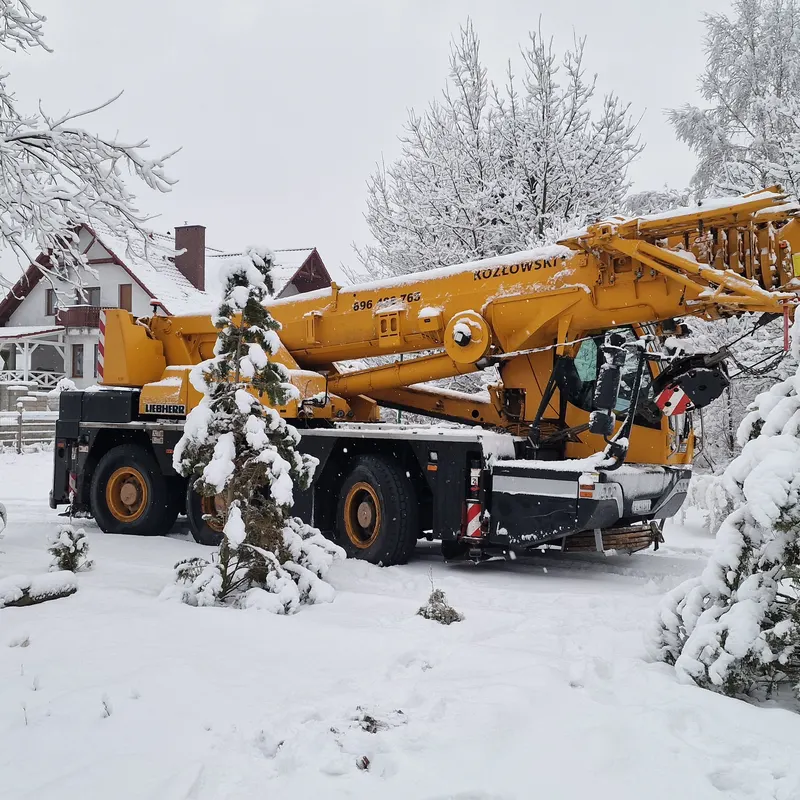 Dźwig Liebherr na zimowej budowie